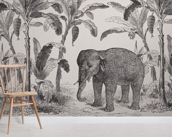 Papier peint mural explorateur vintage Loxodonta avec éléphant marchant dans une forêt de bananiers tropicaux