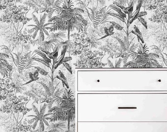 Black and white Botanical Wallpaper - Fresh Tropical Jungle leaves wallpaper, peel and stick wallpaper, Removeable Non-woven Wallpaper