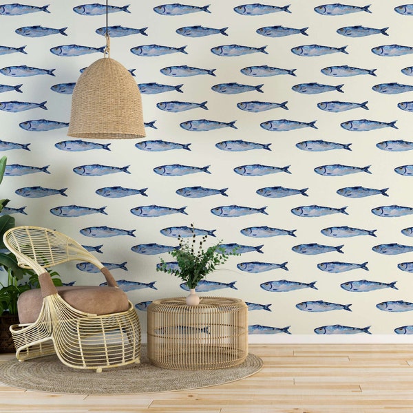 Shimmering Sardines Shoal  Mural Wallpaper, Blue Fish Laundry Wallpaper Peel and Stick ,Traditon Non Woven Wall Papers Roll Wall Art Decor