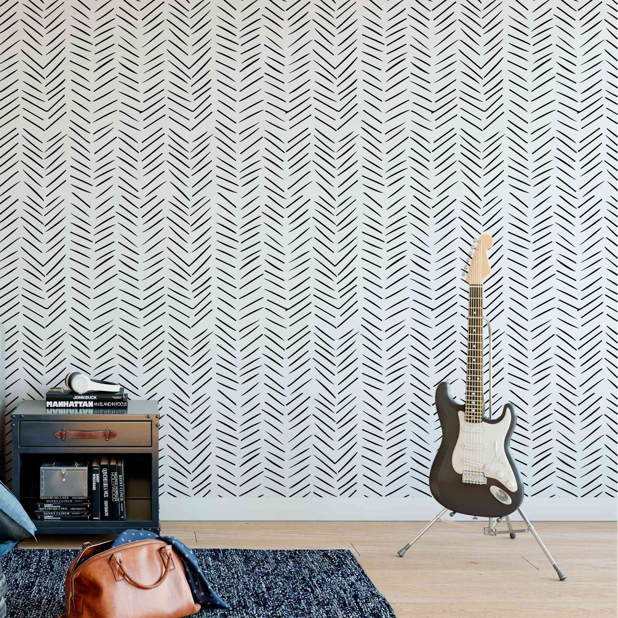 Modern Delicate Herringbone Wallpaper in Black and White Etsy