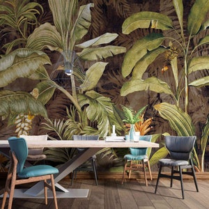 Nostalgic Rainforest with Vintage Banana Leaf Wallpaper Mural,Green Leaf Wall Paper Peel and Stick image 2