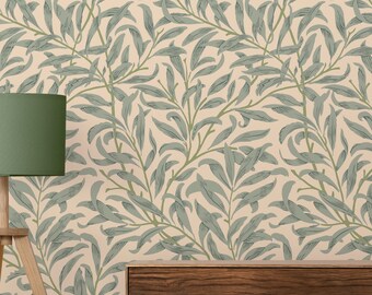 Green Leaves  Peel and Stick Wallpaper ,Beige Background Wallpaper  ,Traditon Non Woven Wall Papers For Home Decor,Removable Wall Papers