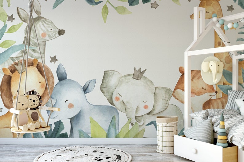 Forest Safari Animals Wallpaper Nursery Room Nonwoven Etsy