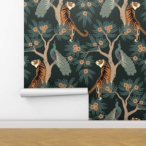 Tiger and Peacock in dark green back Woods Wallpaper - Tiger and peacock on tree with flowers in asian style removable wallpaper