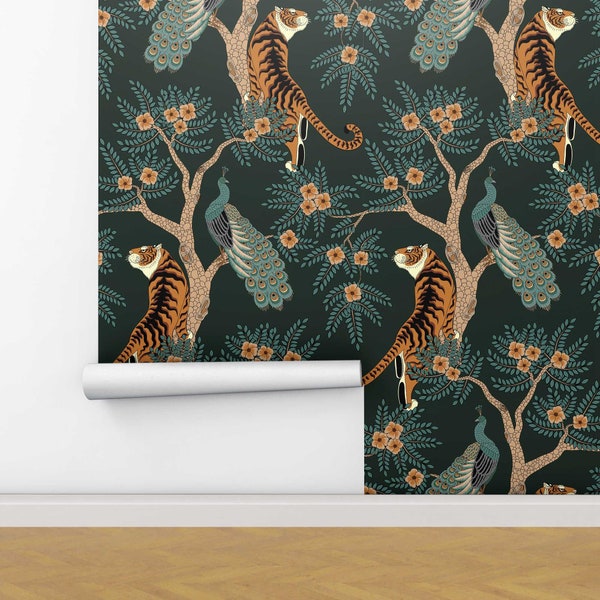 Tiger and Peacock in dark green back Woods Wallpaper - Tiger and peacock on tree with flowers in asian style removable wallpaper