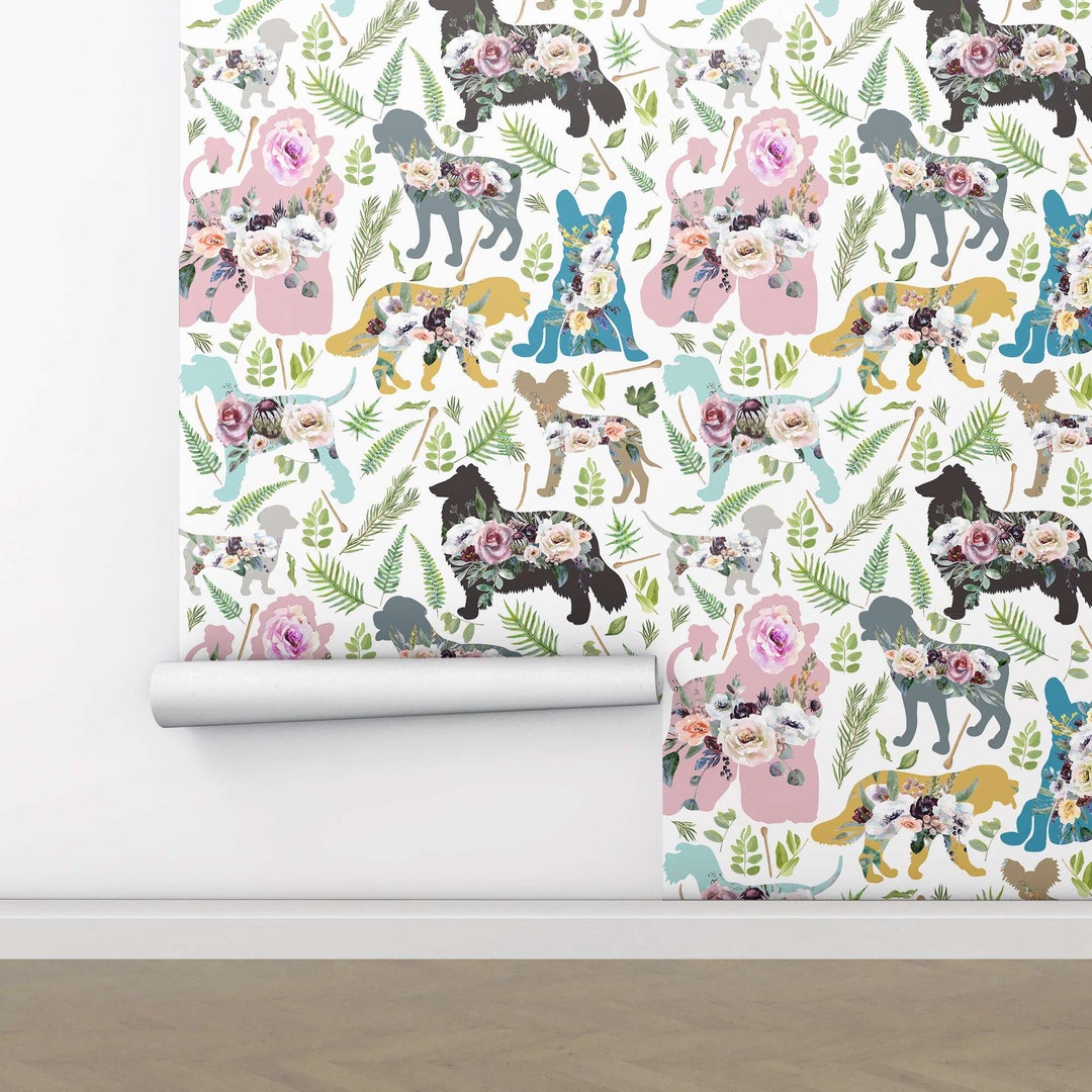 Floral Dogs Wallpaper Floral Pet Wall Paper Roll - Etsy