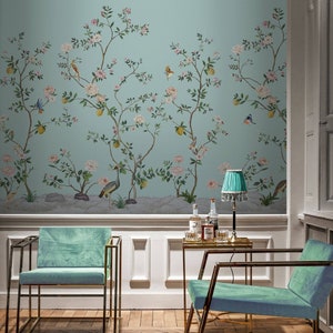 Bloosm Chinoiserie Wallpaper With Watercolor Handdrawn Birds - Etsy