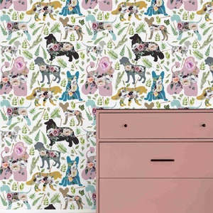 Floral Dogs Wallpaper, Floral Pet wall paper Roll self-adhesive Wallpaper Roll, removable wallpaper, Peel and Stick Wallpaper