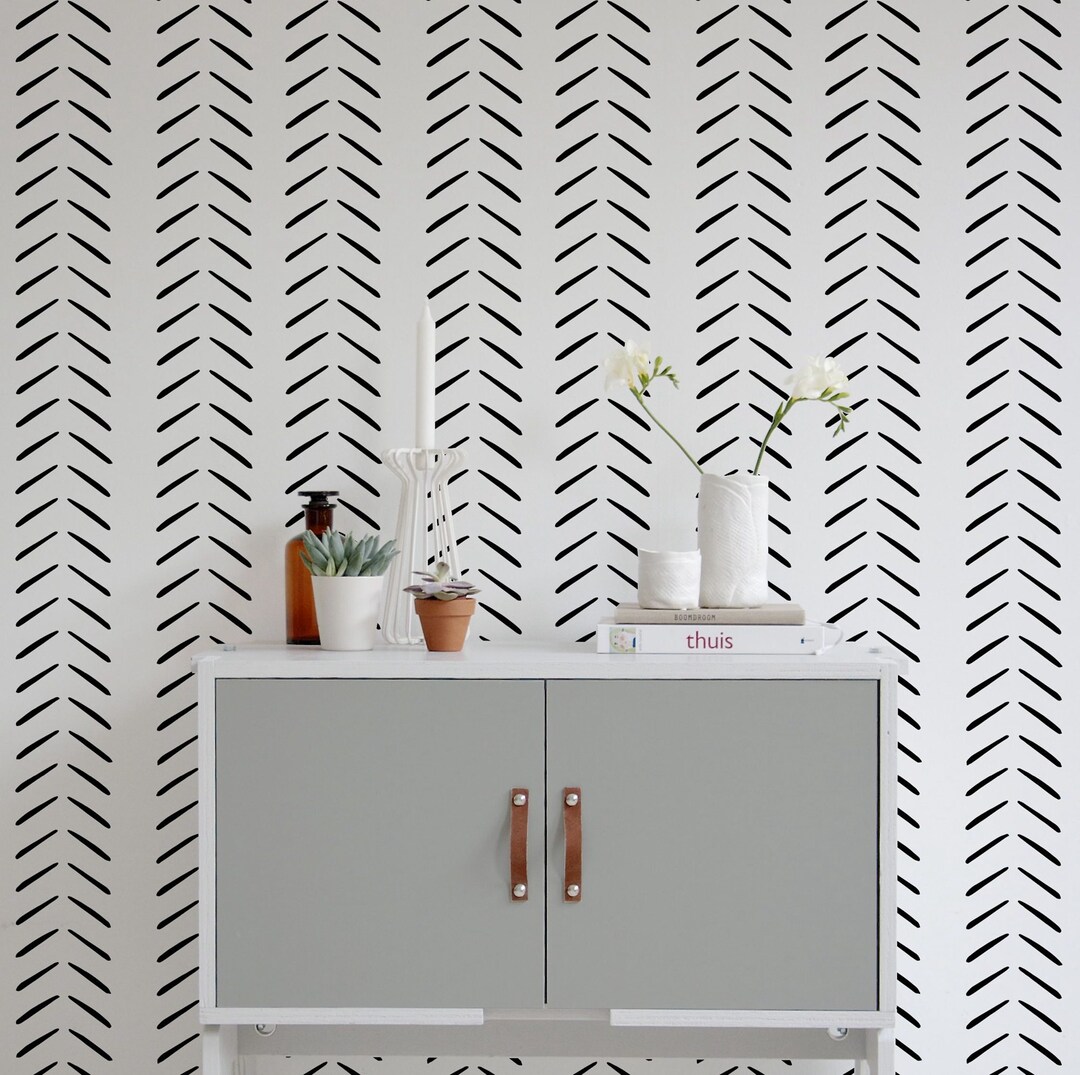Modern Delicate Giant Herringbone Wallpaper in Black and White
