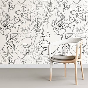 Contemporary fashion Woman Faces Wallpaper with flowers, leaves, Peel and Stick, Line Art, Black and White Wallpaper, Removable Wall Paper