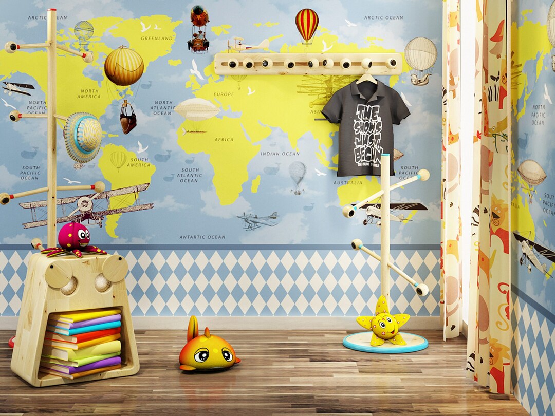 Geographical Cartoon World Map Wallpaper With Fire Balloon - Etsy