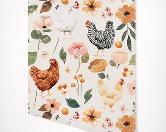 Farmhouse Wallpaper - Watercolor Chicken Floral Wallpaper - Painted Hens Chickens Removable Peel and Stick Wallpaper, Removable Wall Paper