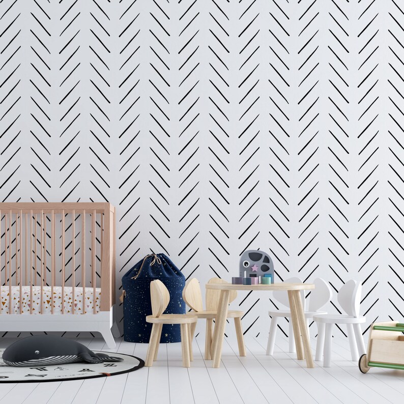 Modern Hand Drawn Herringbone Wallpaper in Black and White Etsy Canada