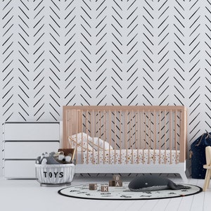 Modern hand drawn herringbone wallpaper in black and white, Scandinavian design, removable peel and stick wallpaper, nonwoven wallpaper