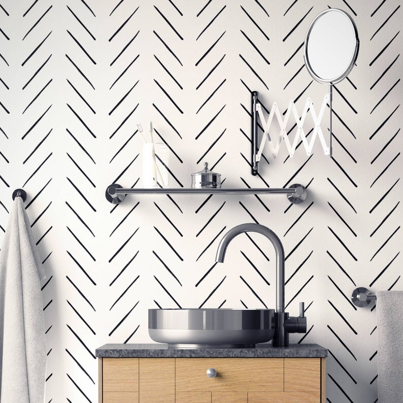 Modern Hand Drawn Herringbone Wallpaper in Black and White Etsy Canada