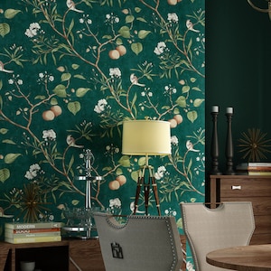 Birds and apple on trees green back Wallpaper - Green Leaves trees with apple floral birds tropical style removable wallpaper