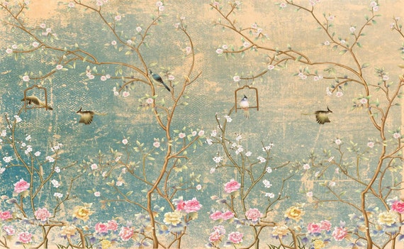 Vintage Chinoiserie Behang bloemen oud Behang | Etsy Nederland