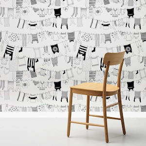 Laundry Wallpaper Peel and Stick, clothes on washing line, Laundry Room Wallpaper, Black and White Wallpaper, Removable Wall Paper