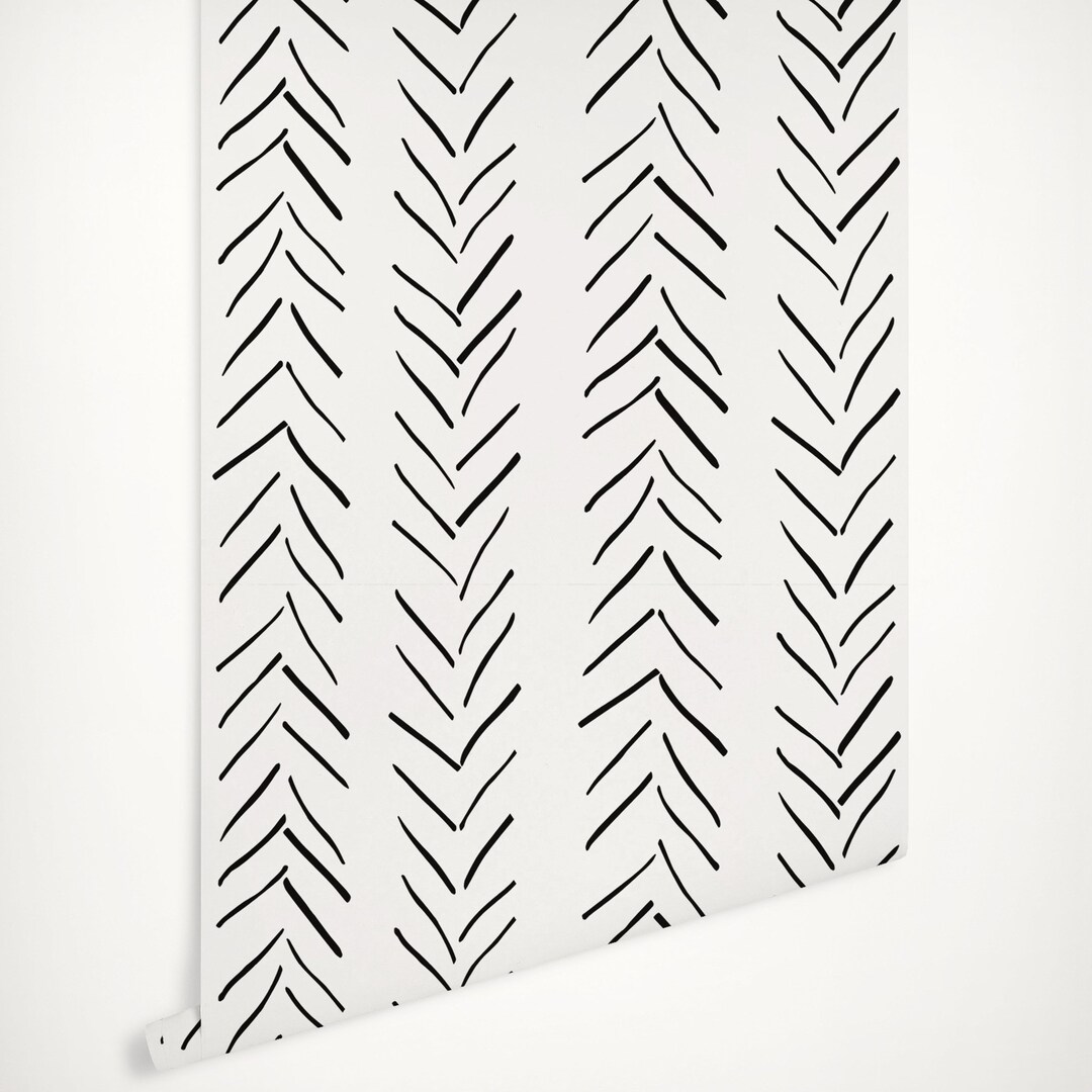 Modern Delicate Herringbone Wallpaper in Black and White, Scandinavian