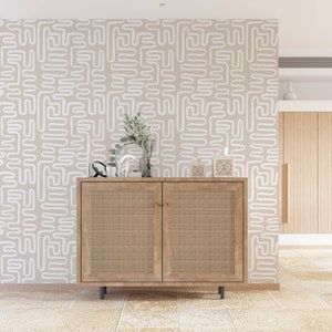 Beige Brush Stroke Labyrinth Pattern Wallpaper ORGANICA WALLPAPER / Minimal design abstract pattern Traditional or Removable Wallpaper