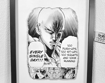 Arte murale ispirata a One Punch Man – Fan art ispirata a One Punch Man – Allenamento segreto di Saitama – Decorazione anime incisa – Poster di Saitama