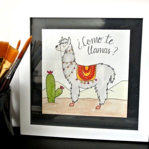 Como Te Llamas PRINTABLE 6x6 Llama Art. Watercolor and Hand Lettered Digital File.