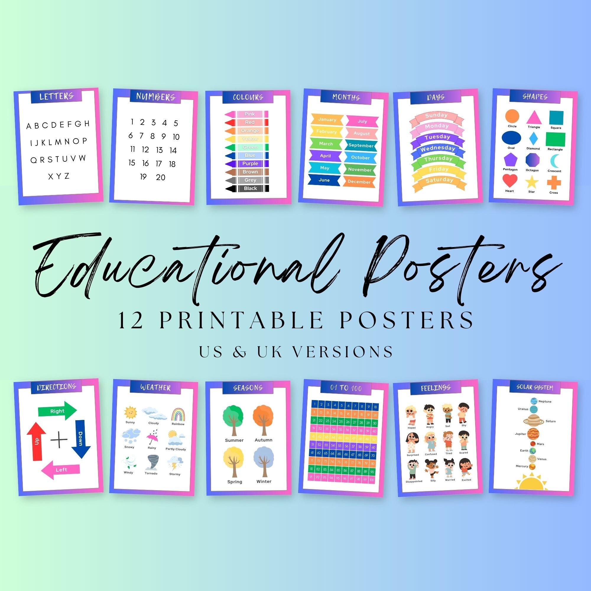 Educational Posters Pre-k Set of Educational Posters Homeschool ...