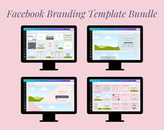 Op de afbeelding: Vier computerschermen die een Facebook branding template bundle laten zien, gemaakt in Canva. De sjablonen hebben een groen-blauw kleurenschema met wolken en heuvels. De tekst "Made in Canva" wordt onderaan de afbeelding weergegeven.