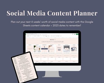 May include: A computer screen displaying a Google Sheets spreadsheet with a content calendar for social media. The calendar is titled "WEEK 1 CONTENT CALENDAR" and has columns for each day of the week. The spreadsheet is on a light pink background with a dark gray border. A tablet is shown to the left of the computer screen, displaying a list of dates and holidays for the month of January.