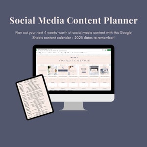 Puede incluir: Una pantalla de ordenador que muestra una hoja de cálculo de Google Sheets con un calendario de contenido para redes sociales. El calendario tiene el título "SEMANA 1 CALENDARIO DE CONTENIDO" y tiene columnas para cada día de la semana. La hoja de cálculo tiene un fondo rosa claro con un borde gris oscuro. Una tableta se muestra a la izquierda de la pantalla del ordenador, mostrando una lista de fechas y festivos para el mes de enero.
