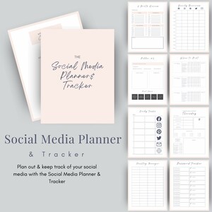 May include: A printable social media planner and tracker with a pink and white color scheme. The planner includes sections for daily tasks, weekly overview, pillar planning, when to post, hashtag manager, and password tracker.