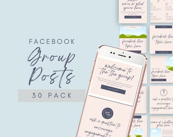 May include: A pink and white phone screen displaying a welcome message for a Facebook group. The message says "Welcome to the the group!" and includes a call to action button. The phone is on a light blue background with the text "FACEBOOK Group Posts 30 PACK" in dark blue.