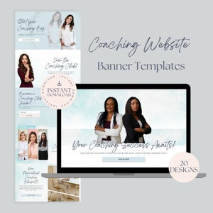 May include: A laptop computer screen displaying a website with a blue and white background. The website features a banner with the text "Your Coaching Success Awaits!" and a button that says "Sign Up Now". The website also features a call to action to join a coaching course for $7 and start a coaching business today. The laptop is sitting on a table with a white surface. The image also includes a variety of other website banners with different designs and text.