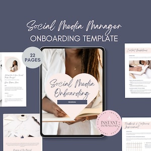 May include: A digital tablet displaying a pink heart with the text "Social Media Onboarding Manual" on a screen. The tablet is on a purple background with a white text overlay that reads "Social Media Manager Onboarding Template" and "22 Pages".