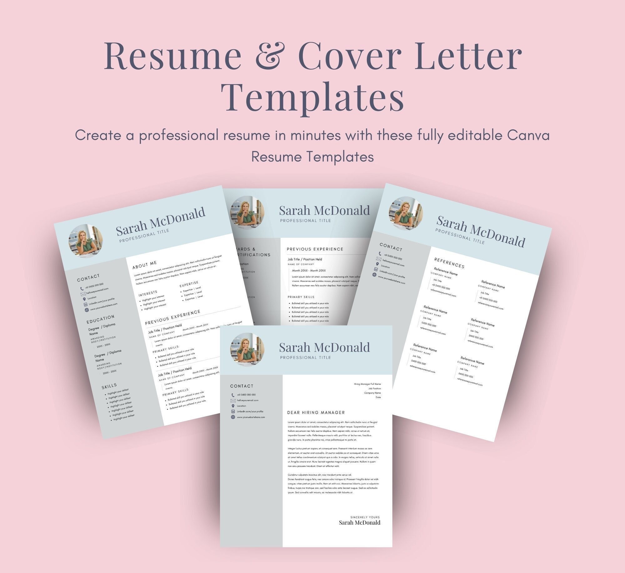 Resume and Cover Letter Template Canva | Digital Download Resume, CV ...