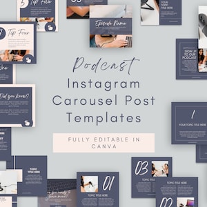 Può includere: Un set di 10 modelli di post carosello Instagram per podcaster. I modelli sono completamente modificabili in Canva e presentano uno schema di colori blu e bianco con una grafica di microfono. Il testo sui modelli include "Modelli di post carosello Instagram per podcast", "Completamente modificabile in Canva", "Nome dell'episodio", "Iscriviti al nostro podcast", "Il tuo titolo di argomento qui", "Argomento" e "Il tuo titolo di episodio qui".