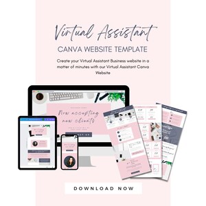 May include: A pink and white Canva website template for virtual assistants. The template features a laptop, tablet, and phone displaying the website design. The website design includes the text "Now accepting new clients" and a contact us button. The template also includes a pricing table and a section for testimonials.