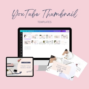 May include: A computer screen displaying a design program with multiple YouTube thumbnail templates. The templates feature a pink background with white text and images of office supplies, such as a notebook, pen, and glasses.