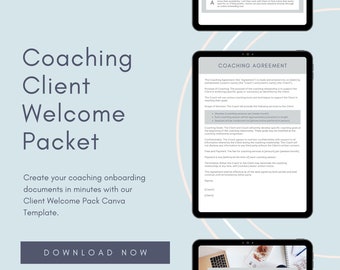 Puede incluir: Un gráfico azul y blanco con el texto "Coaching Client Welcome Packet" y un botón que dice "Descargar ahora". El gráfico también incluye una captura de pantalla de una tableta con el texto "Coaching Agreement" y "Payment Information".