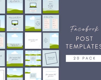 May include: A set of 20 Facebook post templates in light blue, green, and white. Each template has a landscape design with a sky, clouds, and hills. The text "Facebook POST TEMPLATES 20 PACK" is displayed.