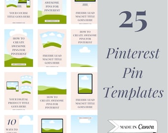 May include: 25 Pinterest Pin Templates made in Canva. The image shows a collection of 10 different Pinterest pin templates with a green, blue, and white color scheme. Each template features a landscape scene with a computer or phone screen displaying text. The text includes phrases like "Your Course Title Goes Here", "How to Create Awesome Pins for Pinterest", and "Freebie Lead Magnet Title Goes Here".