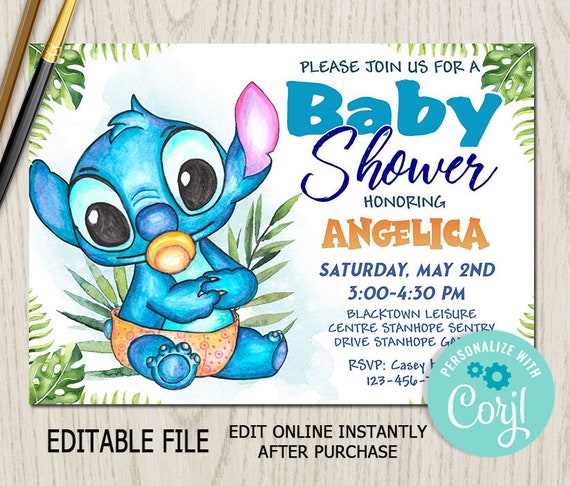 lilo and stitch baby shower invitation  birthday invitation  hawaiian  party  palm leaves  tropical  instant download or printed option