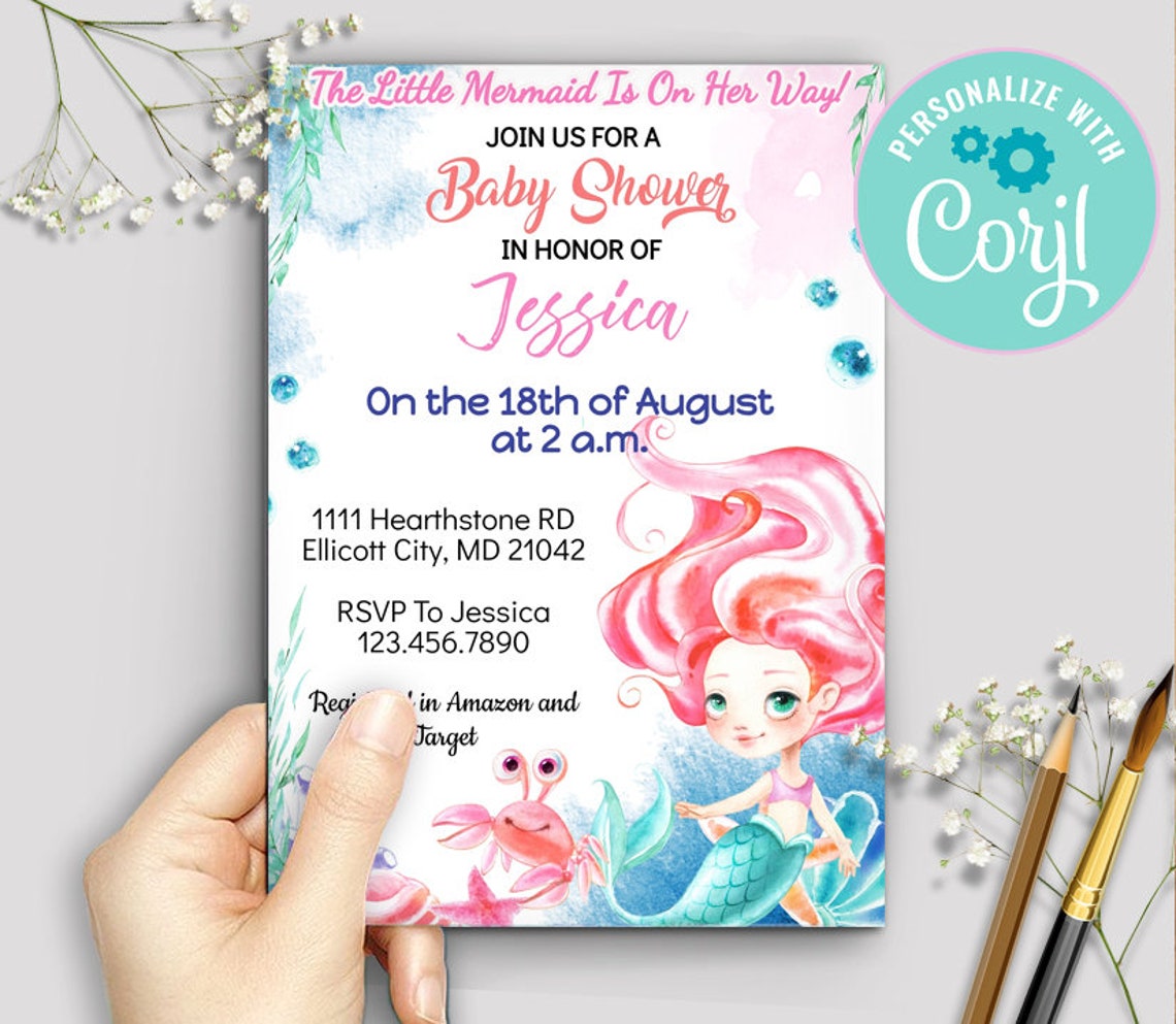 EDITABLE Little Mermaid Princess Ariel Baby Shower Invitation Etsy