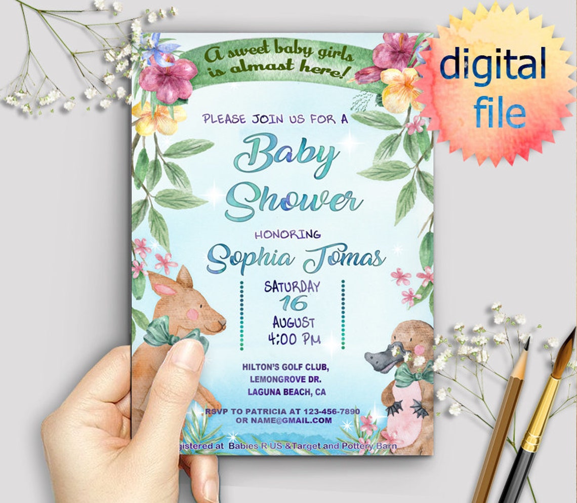 Australian Invitation Kangaroo Baby Shower Invitation Girl Etsy