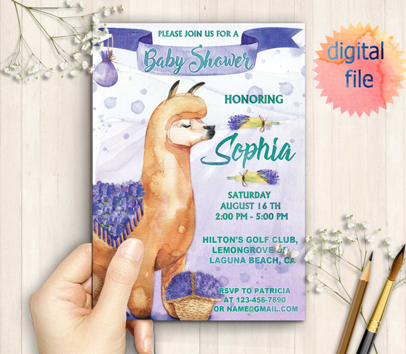 Lama Baby Shower Invitation Llama Party Invites Lavender Etsy