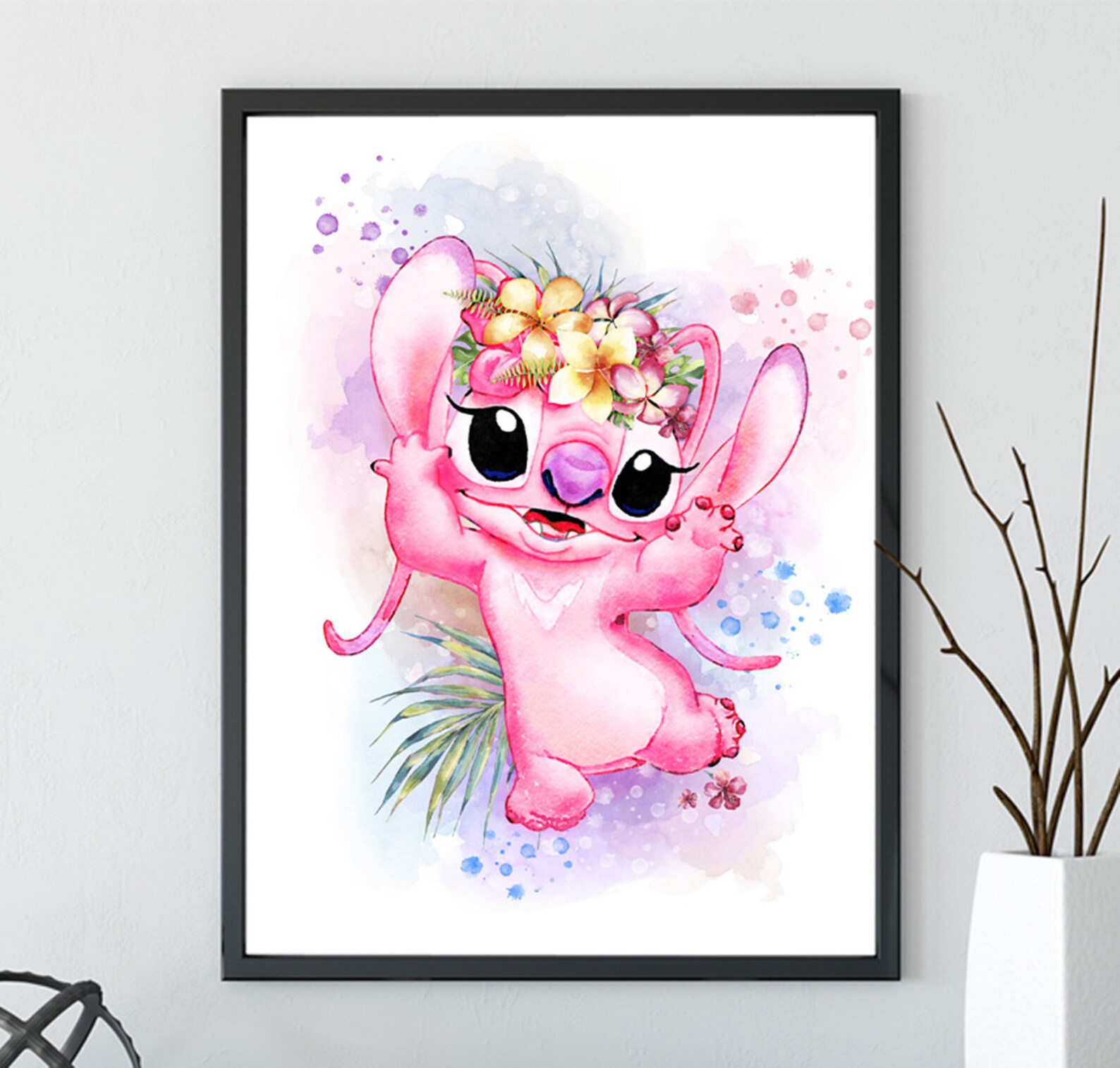 Pink Stitch Angel Lilo and Stitch Watercolor Art Print Etsy