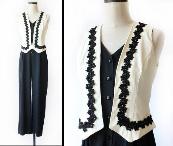 80s Black and Oatmeal Jumpsuit / Vintage Petite Ve