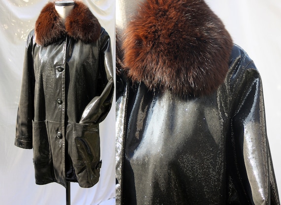 Vintage real leather vinyl coat / Black glossy coa