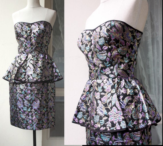 80s Vintage Evening Gown/Party Peplum Midi Dress /
