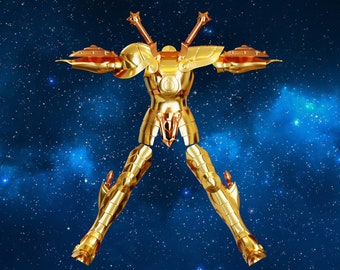 May include: A gold-colored robot figure with a detailed design, standing against a dark blue background with white stars. The robot has a humanoid shape with a large head and long arms and legs.